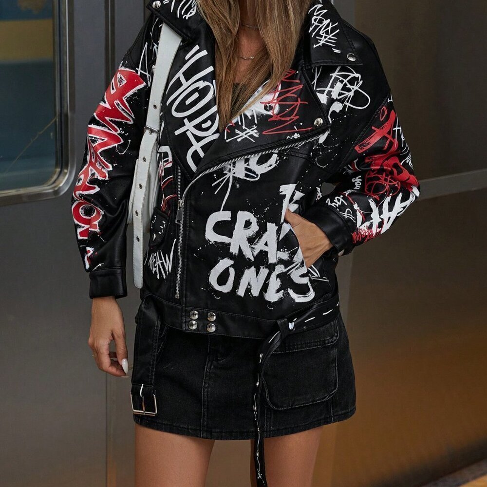 Black Casual Women's Trendy Colorful Graffiti Letter  Punk Style Leather Jacket - Picture 3 of 8